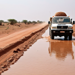 ** A dusty road in Chad during the rainy season. An aid truck is carefully navigating around large water-filled potholes. The landscape is dry and arid in the distance. Focus on the logistical challenges and the state of the infrastructure.

**