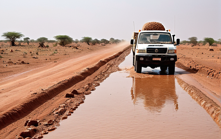 ** A dusty road in Chad during the rainy season. An aid truck is carefully navigating around large water-filled potholes. The landscape is dry and arid in the distance. Focus on the logistical challenges and the state of the infrastructure.

**