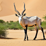 A magnificent Addax, with its elegant, twisted horns, stands gracefully amidst the golden sand dunes and sparse, resilient desert vegetation of Chad. The harsh, arid landscape stretches into the background under a clear, vast sky. The animal is captured in a natural pose, perfect anatomy, correct proportions, showcasing its unique adaptation to extreme environments. High-quality professional nature photography, sharp focus, natural lighting, depicting the animal in its native habitat. safe for work, appropriate content, fully clothed, modest, family-friendly.