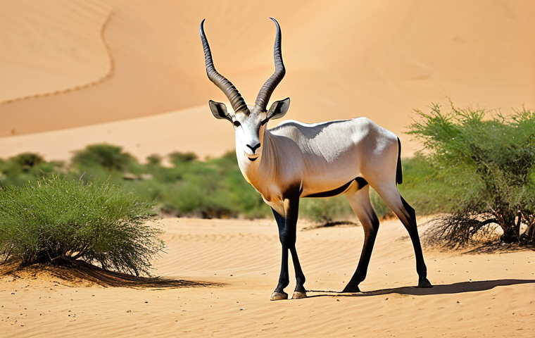 A magnificent Addax, with its elegant, twisted horns, stands gracefully amidst the golden sand dunes and sparse, resilient desert vegetation of Chad. The harsh, arid landscape stretches into the background under a clear, vast sky. The animal is captured in a natural pose, perfect anatomy, correct proportions, showcasing its unique adaptation to extreme environments. High-quality professional nature photography, sharp focus, natural lighting, depicting the animal in its native habitat. safe for work, appropriate content, fully clothed, modest, family-friendly.