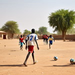 Youth Football in Chad**

"A group of fully clothed young boys playing football (soccer) on a dusty field in a small Chadian village. They are wearing simple sports attire, appropriate for the environment. In the background, villagers are watching and cheering. The scene is bathed in warm afternoon sunlight. Safe for work, family-friendly, professional quality, perfect anatomy, correct proportions, natural pose, well-formed hands, proper finger count, natural body proportions."

**