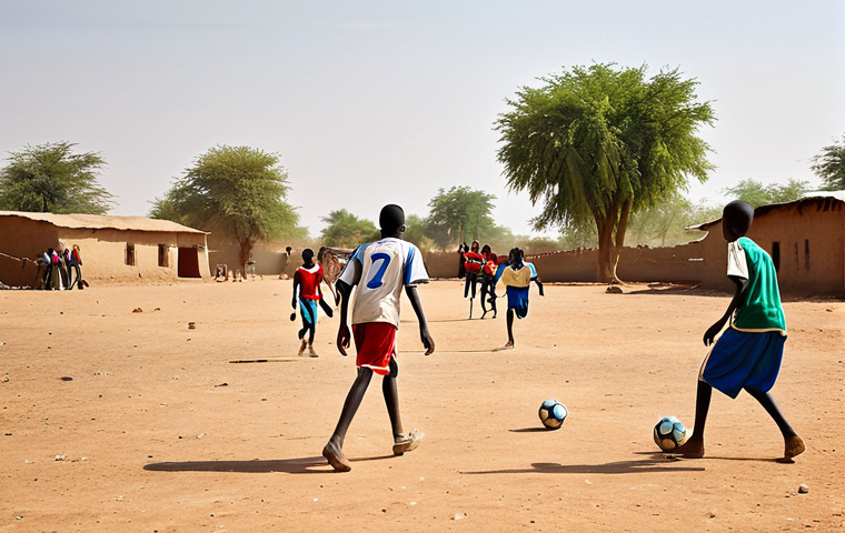 Youth Football in Chad**

"A group of fully clothed young boys playing football (soccer) on a dusty field in a small Chadian village. They are wearing simple sports attire, appropriate for the environment. In the background, villagers are watching and cheering. The scene is bathed in warm afternoon sunlight. Safe for work, family-friendly, professional quality, perfect anatomy, correct proportions, natural pose, well-formed hands, proper finger count, natural body proportions."

**